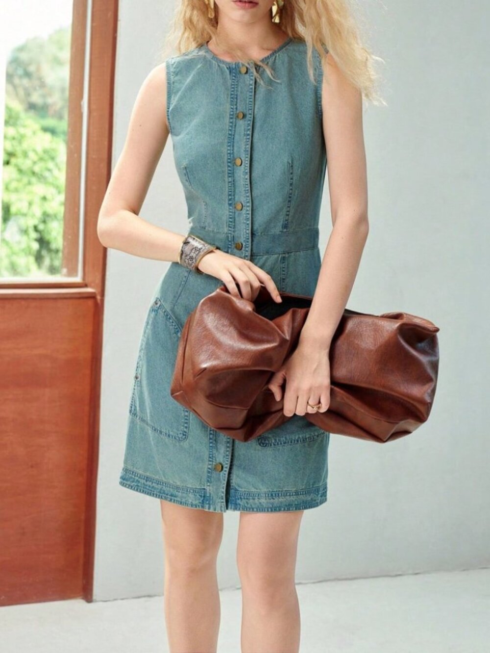 Blue Denim Snap-Front Sleeveless Mini Dress